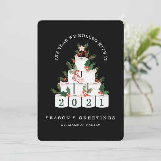Gerold met het Kerstmis wc papier boom zwart Feestdagenkaart (Staand voorkant)