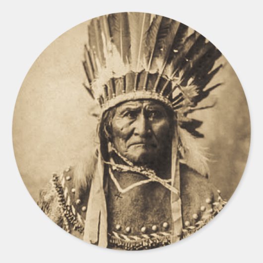 Geronimo in Head Dress  Portret Sepia Ronde Sticker (Voorkant)