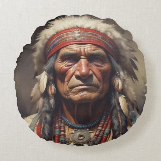 Geronimo Indiaanse krijger portret Rond Kussen (Voorkant)