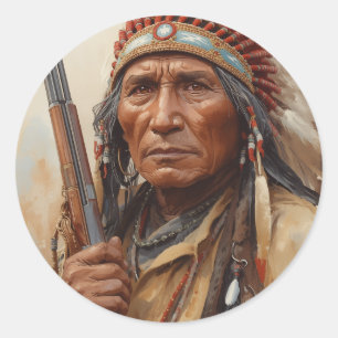Geronimo Indiaas Stamhoofd Krijger Portret Ronde Sticker