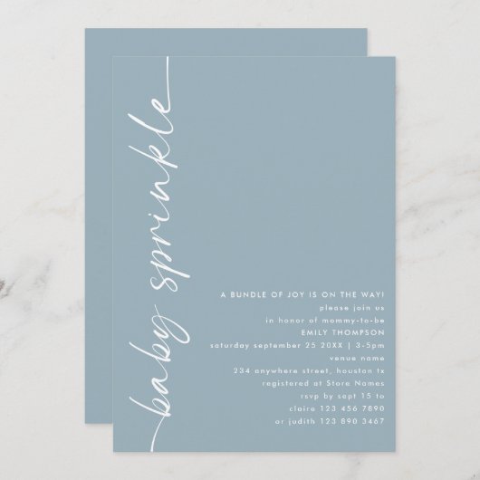Geroteerd Script Dusty Blue Baby shower Sprinkle Kaart (Voorkant / Achterkant)