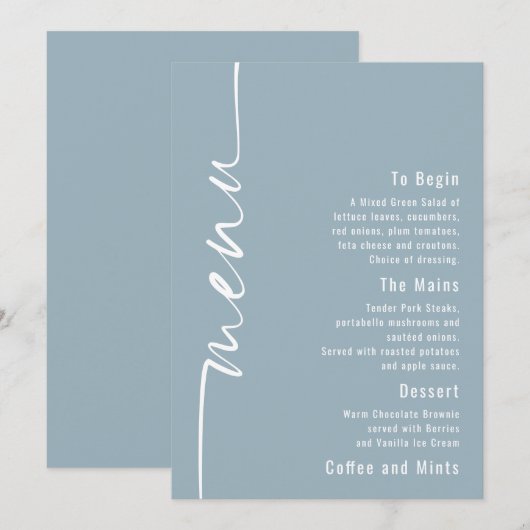 Geroteerde tekst Dusty Blue Wedding Menu Kaart (Voorkant / Achterkant)