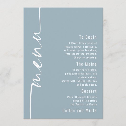 Geroteerde tekst Dusty Blue Wedding Menu Kaart (Voorkant)
