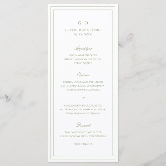 Gertrude Sage Green Classic Elegant Huwelijk Menu (Voorkant)