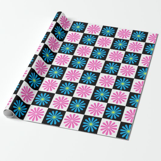 Geruit Aster Roze Blauw Bloemen Abstract Cadeaupapier (Uitgerold)