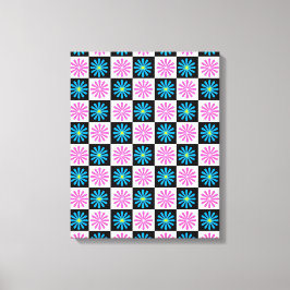 Geruit Aster Roze Blauw Bloemen Abstract Canvas Afdruk