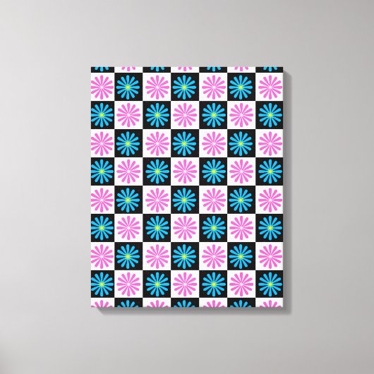 Geruit Aster Roze Blauw Bloemen Abstract Canvas Afdruk (Voorkant)