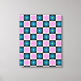 Geruit Aster Roze Blauw Bloemen Abstract Canvas Afdruk