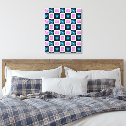 Geruit Aster Roze Blauw Bloemen Abstract Canvas Afdruk (Insitu (Slaapkamer))