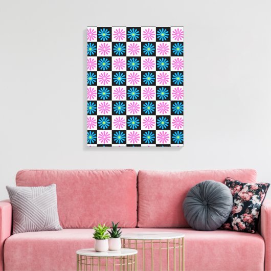 Geruit Aster Roze Blauw Bloemen Abstract Canvas Afdruk (Insitu (Woonkamer))