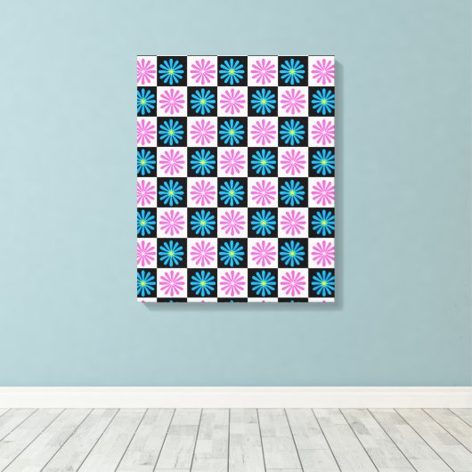 Geruit Aster Roze Blauw Bloemen Abstract Canvas Afdruk (Insitu (Houten vloer))
