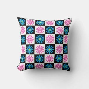 Geruit Aster Roze Blauw Bloemen Abstract Kussen