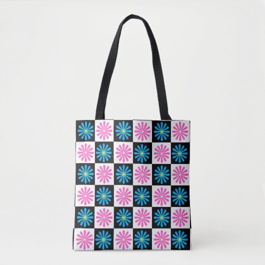 Geruit Aster Roze Blauw Bloemen Abstract Tote Bag (Voorkant)