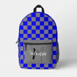 Geruit Blauw Grijs Kleur - Initiële Naam Monogram Bedrukte Rugzak