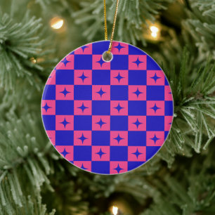 Geruit Blauw & Roze Tegel Met Glitter Patroon Keramisch Ornament