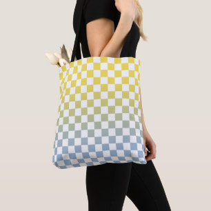 Geruit Geel naar Lichtblauw en Wit Patroon Tote Bag