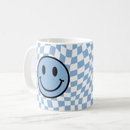 Geruit golvend blauw preppy glimlach koffiemok (Voorkant links)