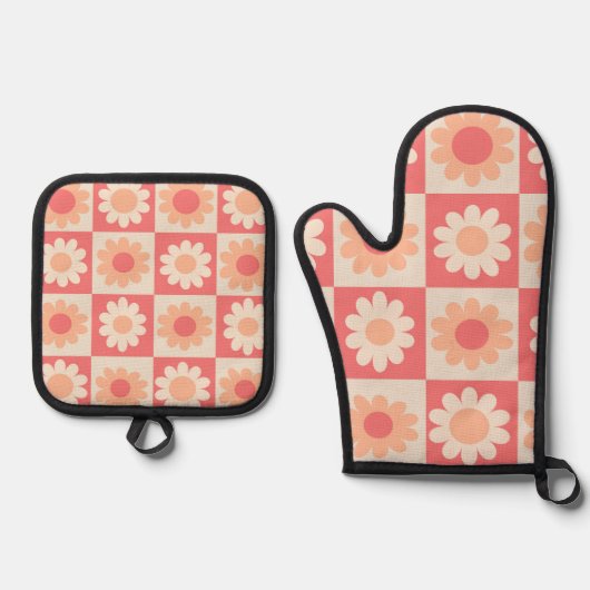 Geruit Groovy Peach Fuzz Retro Flowers Patroon Ovenwant & Pannenlap Set (Voorkant)