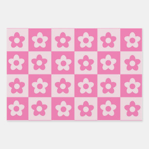 Geruit heet roze en wit retro bloemenpatroon inpakpapier vel