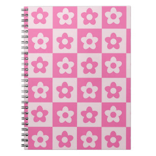 Geruit heet roze en wit retro bloemenpatroon notitieboek