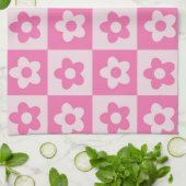 Geruit heet roze en wit retro bloemenpatroon theedoek (Gevouwen)