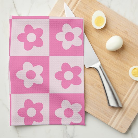 Geruit heet roze en wit retro bloemenpatroon theedoek (Quarter Fold)