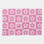 Geruit heet roze en wit retro bloemenpatroon theedoek (Horizontaal)
