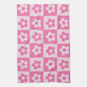 Geruit heet roze en wit retro bloemenpatroon theedoek (Verticaal)