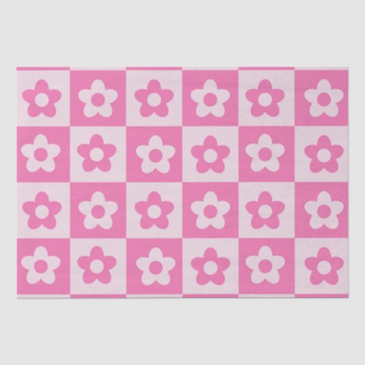 Geruit heet roze en wit retro bloemenpatroon tissuepapier (Voorkant)