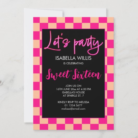 Geruit heet roze perzik retro Lets party Sweet 16 Kaart (Voorkant)