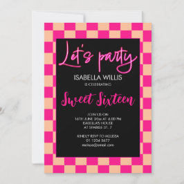 Geruit heet roze perzik retro Lets party Sweet 16 Kaart