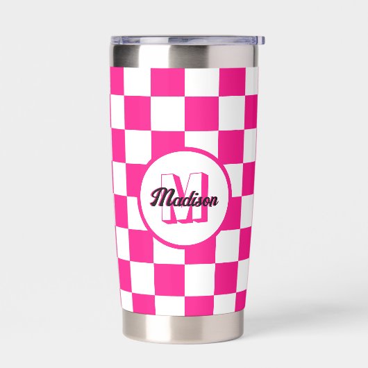 Geruit heet roze wit geometrische retro Monogram Geïsoleerde Drinkbeker (Links)