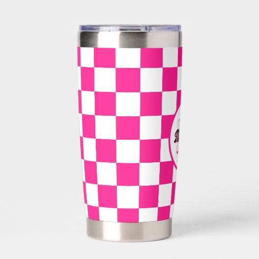 Geruit heet roze wit geometrische retro Monogram Geïsoleerde Drinkbeker (Voorkant)