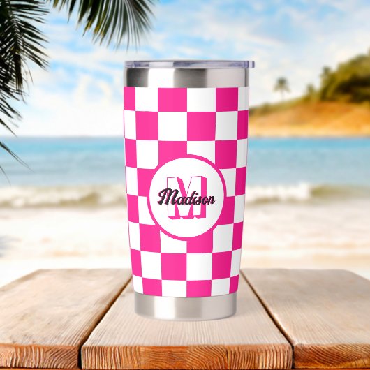Geruit heet roze wit geometrische retro Monogram Geïsoleerde Drinkbeker (Strand)