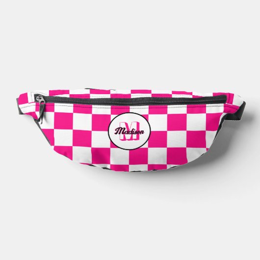 Geruit Heet roze Wit geometrische retro Monogram Heuptasje (Liggend)
