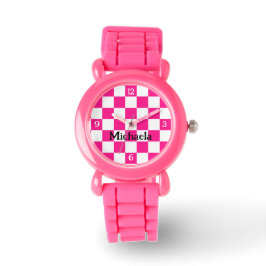 Geruit heet roze wit retro w nummers Jouw naam Horloge