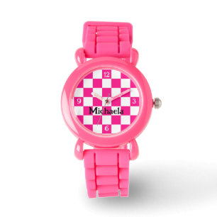 Geruit heet roze wit retro w nummers Jouw naam Horloge