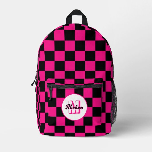 Geruit heet roze zwart geometrische retro Monogram Bedrukte Rugzak (Voorkant)