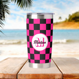 Geruit heet roze zwart geometrische retro Monogram Geïsoleerde Drinkbeker