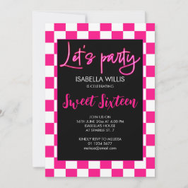 Geruit heet roze zwart retro Lets party Sweet 16 Kaart