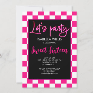 Geruit heet roze zwart retro Lets party Sweet 16 Kaart