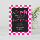 Geruit heet roze zwart retro Lets party Sweet 16 Kaart (Staand voorkant)
