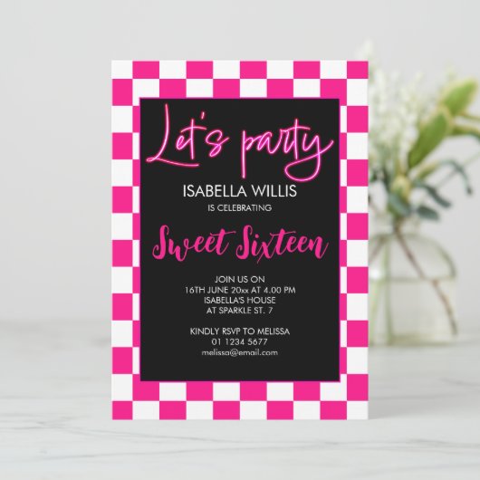Geruit heet roze zwart retro Lets party Sweet 16 Kaart (Staand voorkant)