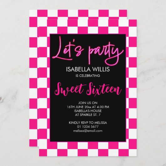 Geruit heet roze zwart retro Lets party Sweet 16 Kaart (Voorkant / Achterkant)