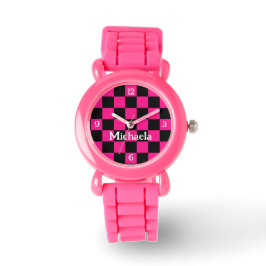 Geruit heet roze zwart retro w nummers Jouw naam Horloge