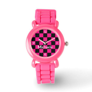 Geruit heet roze zwart retro w nummers Jouw naam Horloge