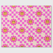 Geruit Hot Pink Lachende Bloemen met vierkanten Cadeaupapier (Vlak)