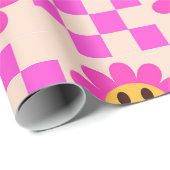 Geruit Hot Pink Lachende Bloemen met vierkanten Cadeaupapier (Rol Hoek)