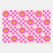 Geruit Hot Pink Lachende Bloemen met vierkanten