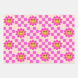 Geruit Hot Pink Lachende Bloemen met vierkanten Inpakpapier Vel